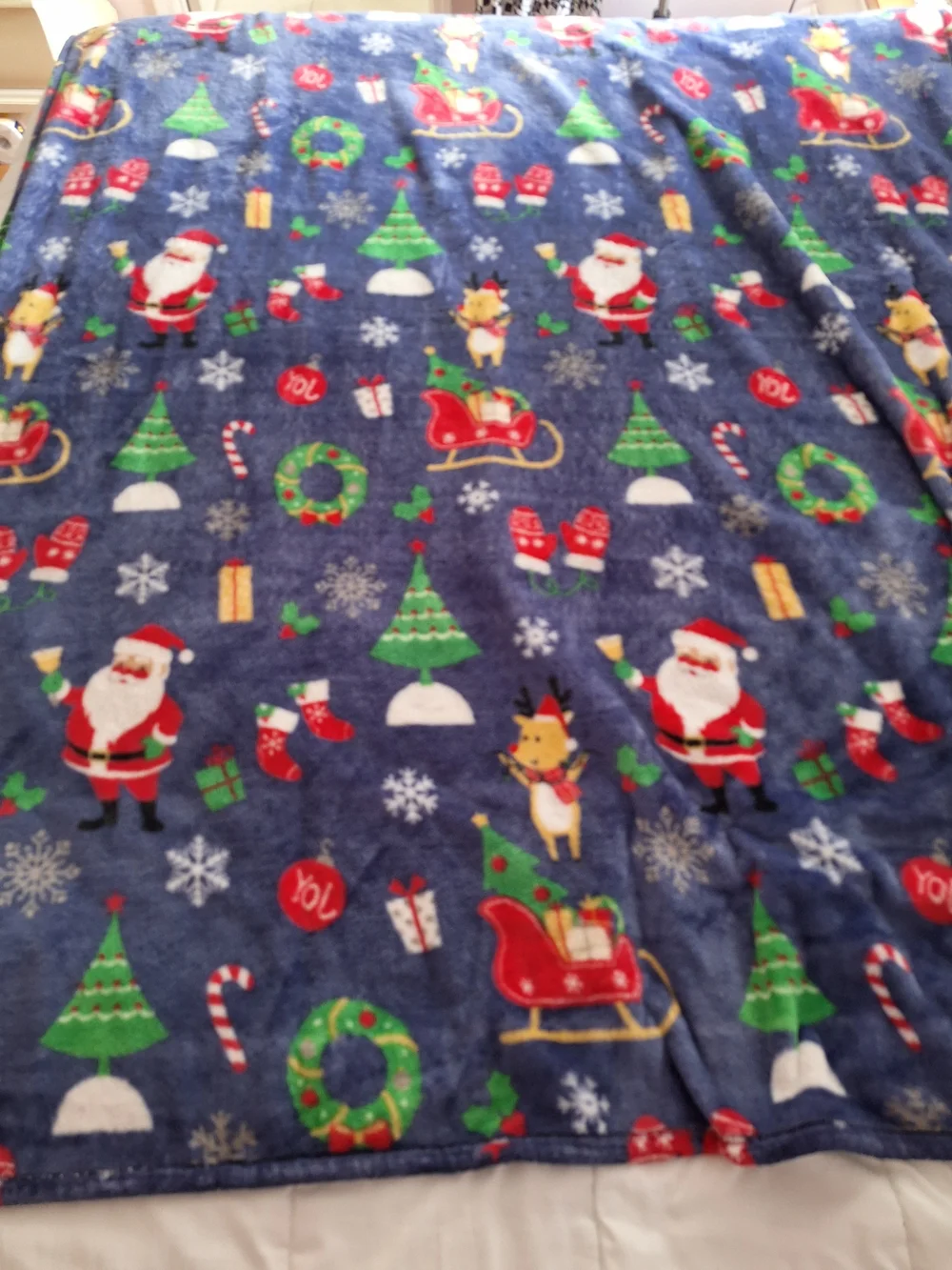 Christmas Santa & Reindeer Plush Throw Blanket - Navy Blue